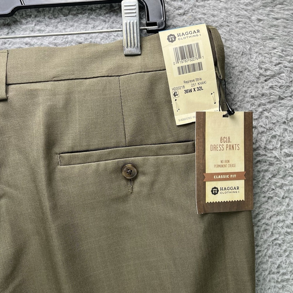 Haggar Eclo Dress Pants Mens 36x32 Khaki Classic Fit No Iron Comfort Waist NWT